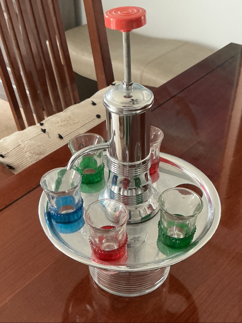 MCM Chrome Shot Dispenser with Red Top and Multicolor Glasses